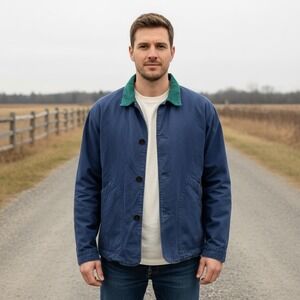 Vintage Greatland Barn Coat Jacket Mens L Navy Blue Canvas Plaid Lined Corduroy